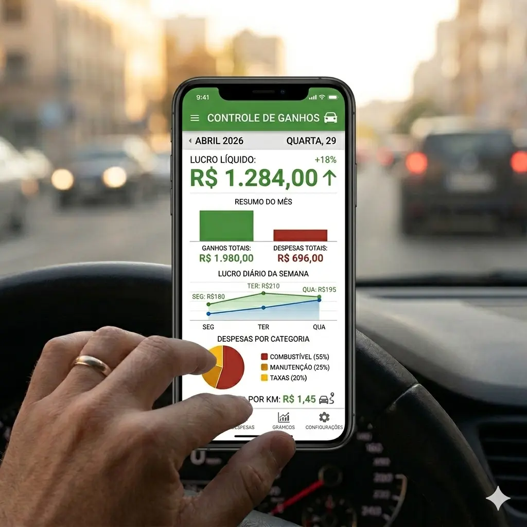 Controle financeiro para motorista mostrando ganhos, despesas e lucro real no dia a dia